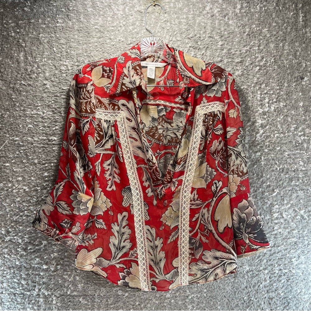 Diane Von Furstenberg V Neck Floral Silk Sheer Blouse Lace Details Peasant sz 4